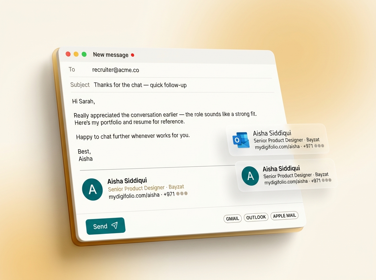 Gmail compose window with a rendered email signature block.