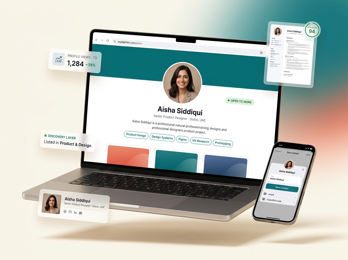 Laptop displaying a professional MyDigiFolio profile page, showing how one profile becomes your resume, digital business card, portfolio, and email signature.