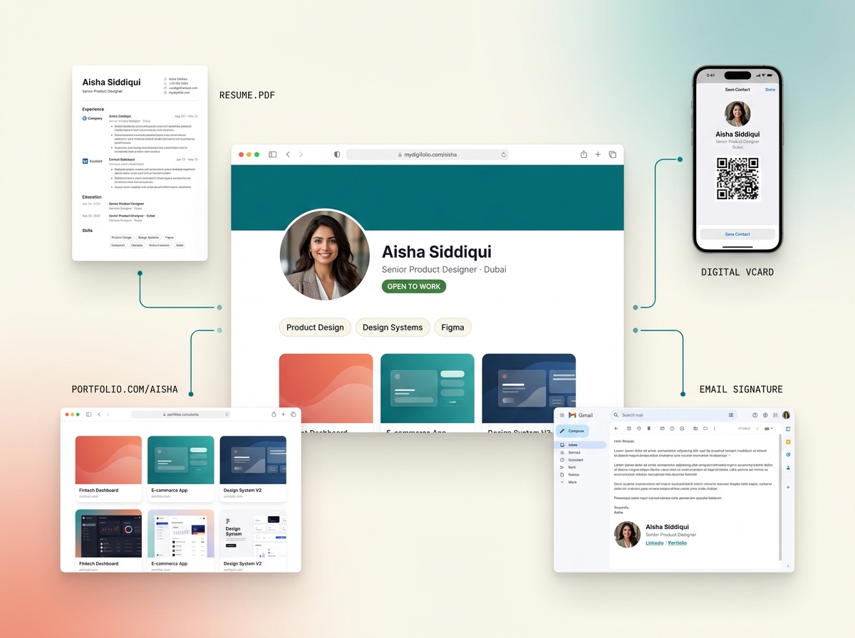 A clean, unified MyDigiFolio profile showing how resume, vCard, portfolio, signature, and directory listing all generate from one profile.