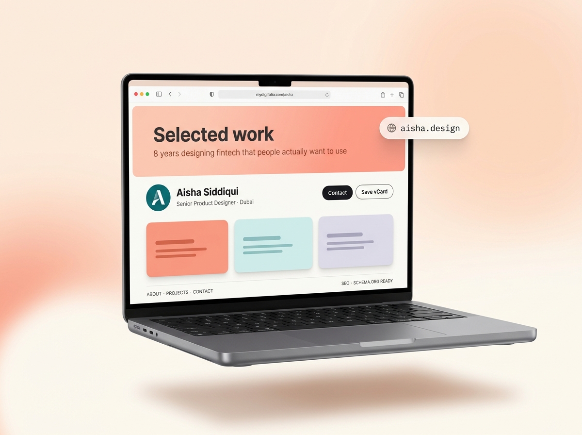 Browser showing the MyDigiFolio portfolio page with cover, avatar, and selected projects.