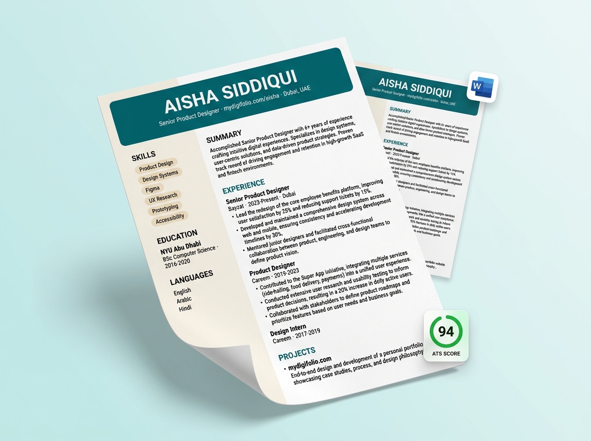 Two-column resume preview with a teal header and an ATS 94 badge.
