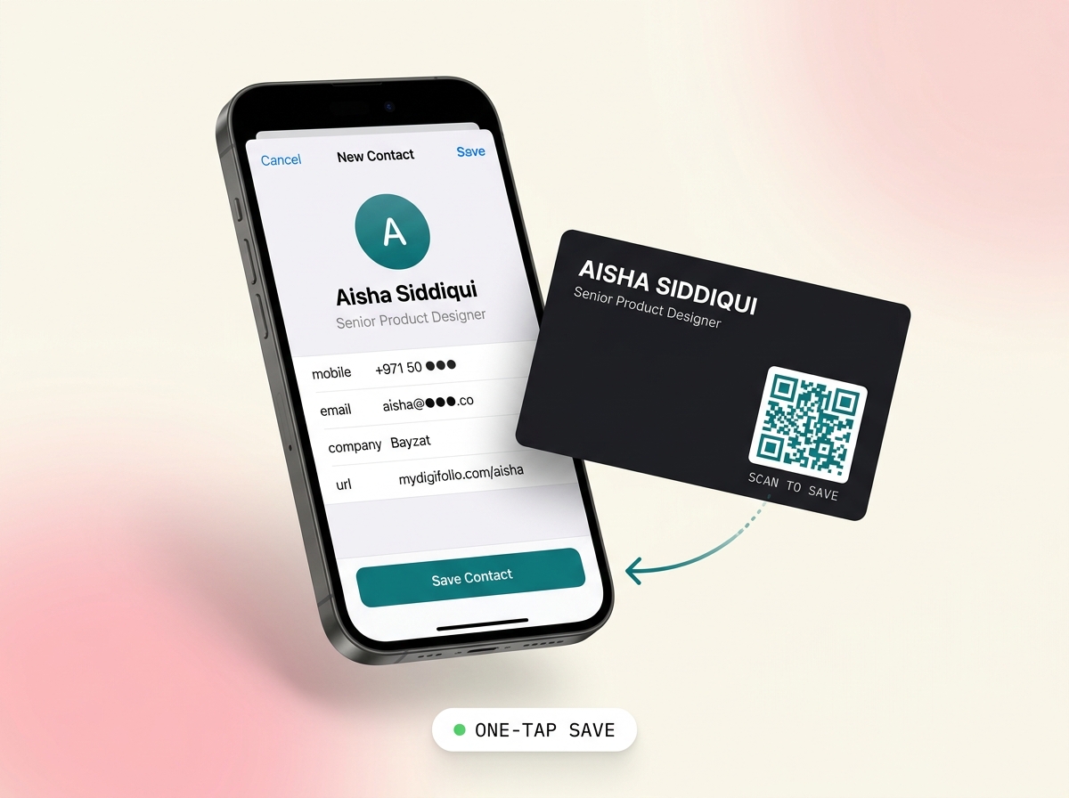 Phone showing a Save Contact dialog next to a dark business card with a scannable QR.